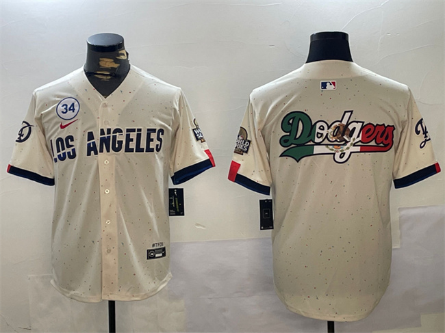Men's Los Angeles Dodgers Team Big Logo Cream 2024 World Series With No. 34 Patch Limited Stitched Baseball Jersey Men's Los Angeles Dodgers Team Big Logo Cream 2024 World Series With No. 34 Patch Limited Stitched Baseball Jersey